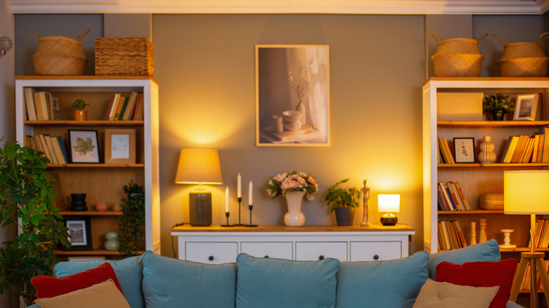 En koselig stue med stilige bokhyller