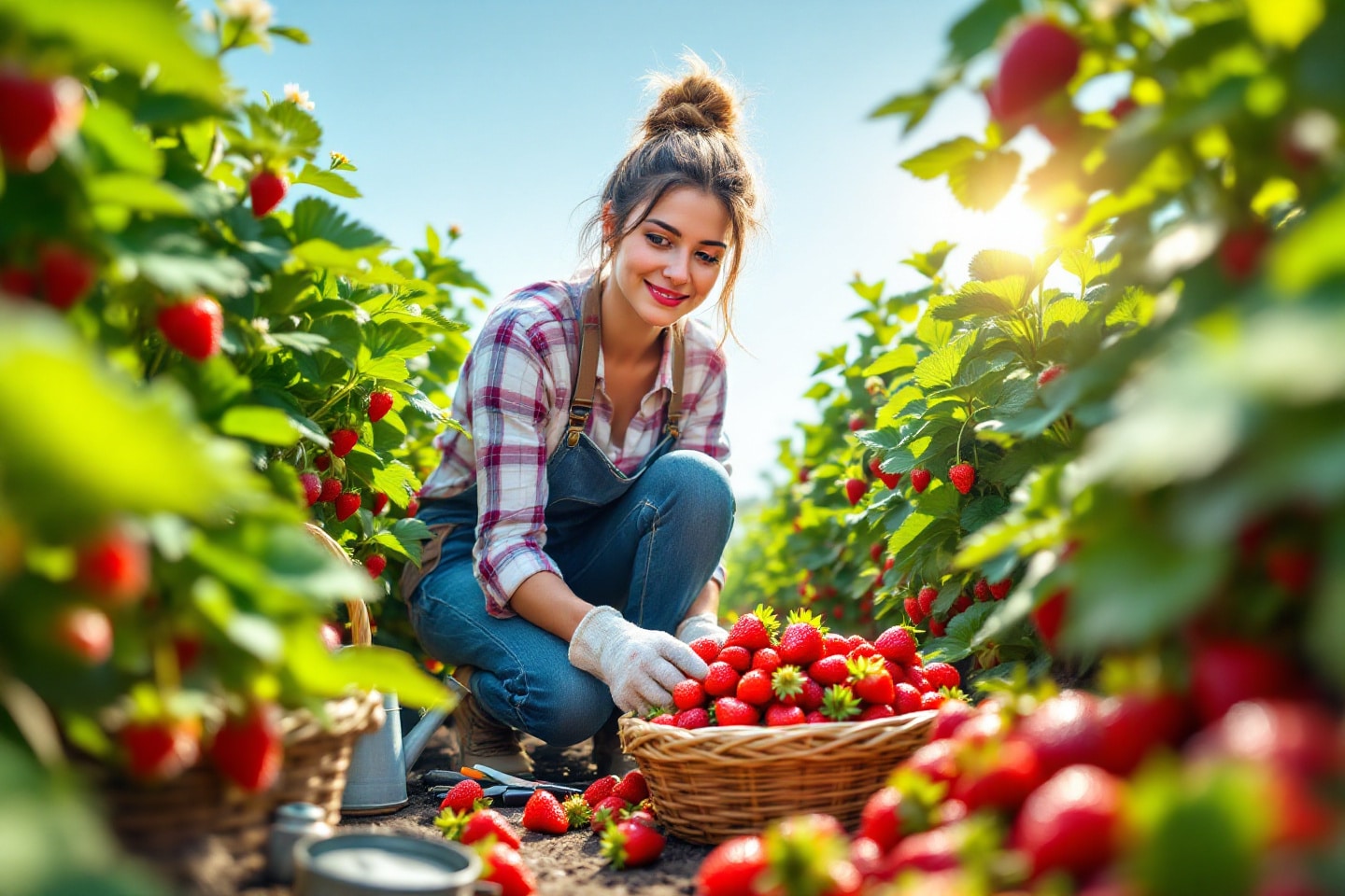 Jordbær i bed med dekke og jevn vanning