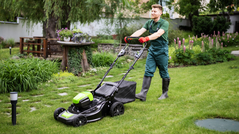 En mann som bruker en elektrisk gressklipper i en attraktiv hage