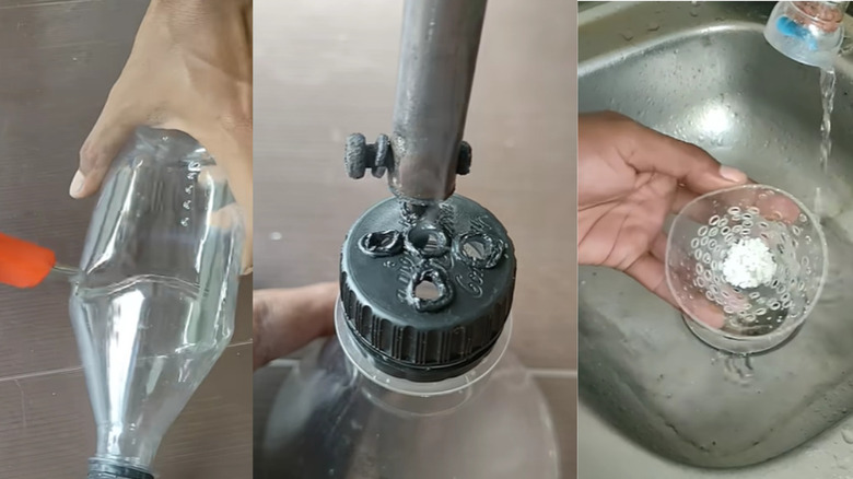 Tre bilder som viser hvordan du gjør en plastflaske om til en vasksil.