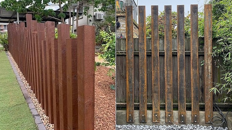 Delt bilde av to eksempler på et corten stål gjerde