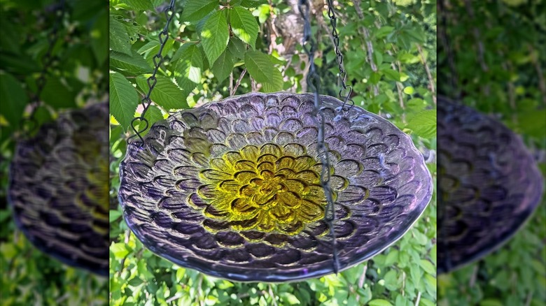et fuglebad i lilla og gult glass som henger blant tregrener
