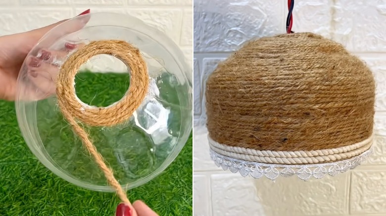 En anhengslampeskjerm laget av en plastflaske, jutegarn og håndverkspynt henger i et rom.
