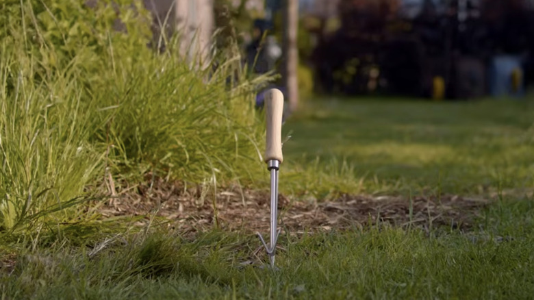 Et hageredskap fra Sneeboer wrotter med tuppen innebygd i plenen på skrå.